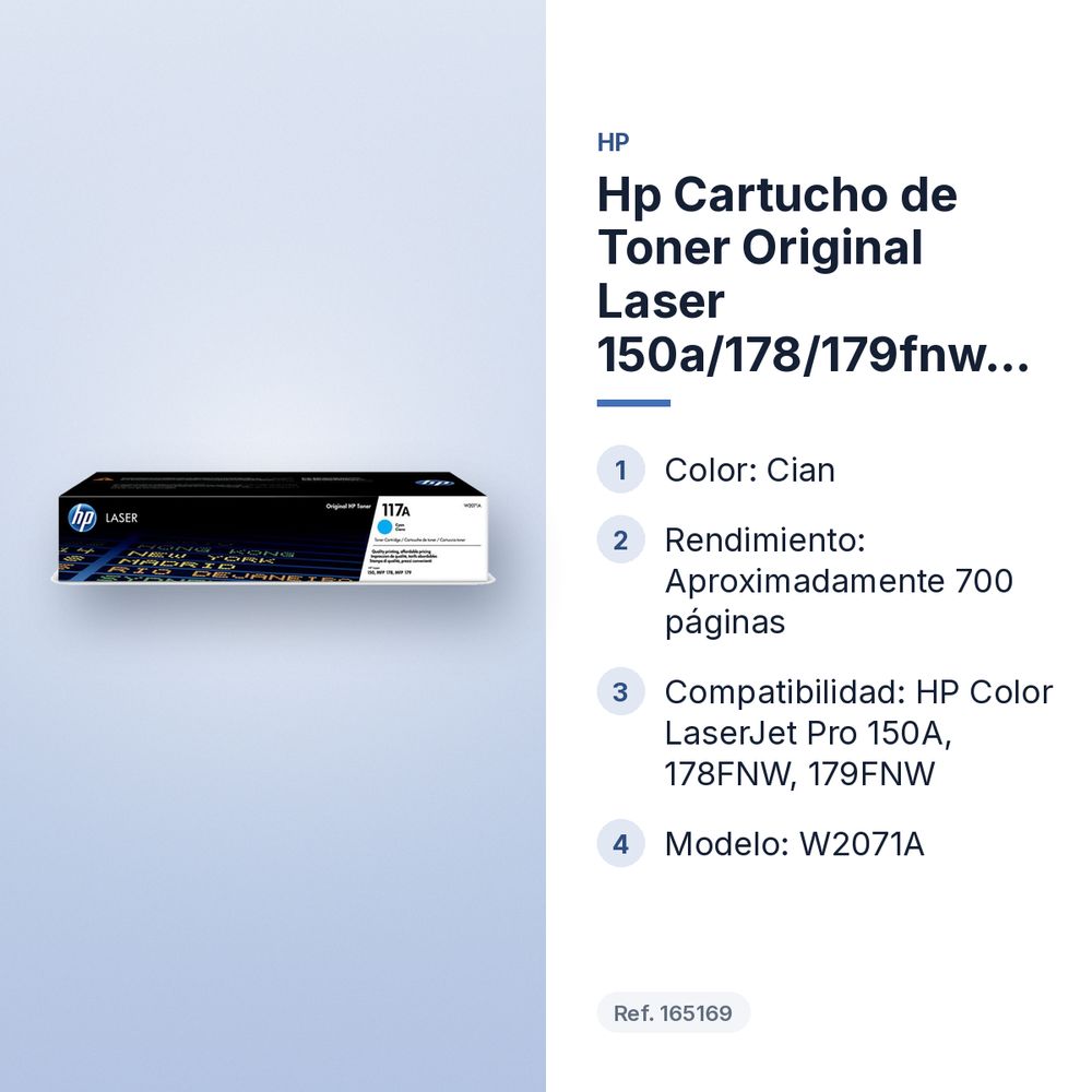 HP CARTUCHO DE TONER ORIGINAL LASER 150A/178/179FNW  117A CIAN (W2071A) - características principales