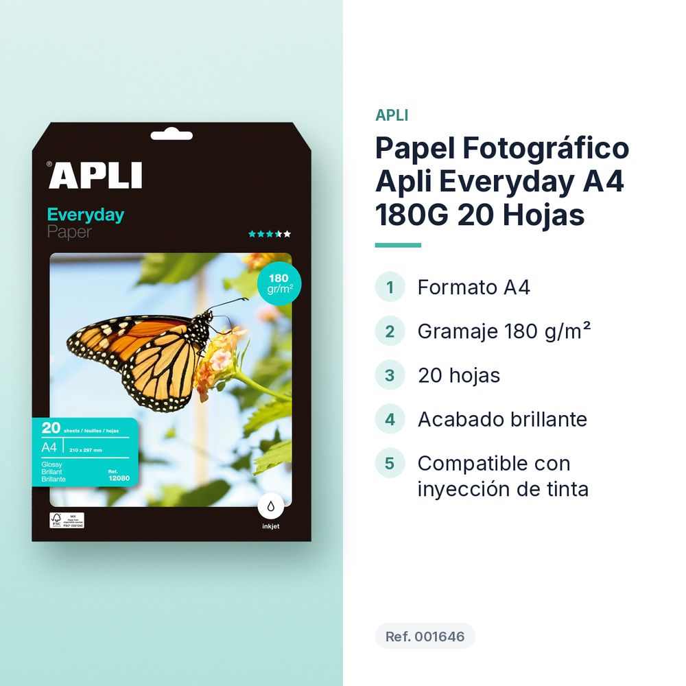 PAPEL FOTOGRÁFICO APLI EVERYDAY A4 180G 20 HOJAS - características principales