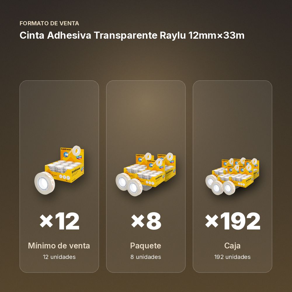 CINTA ADHESIVA TRANSPARENTE RAYLU 12MM×33M - formato de venta: paquete de 8, caja de 192