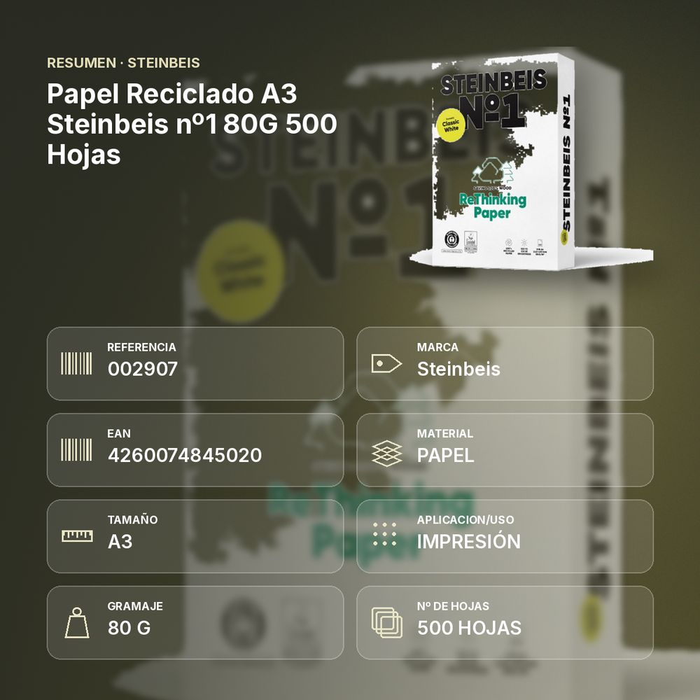 PAPEL RECICLADO A3 STEINBEIS Nº1 80G 500 HOJAS - resumen de atributos