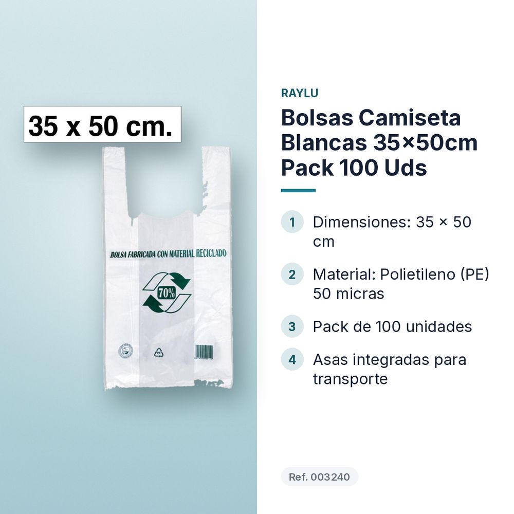BOLSAS CAMISETA BLANCAS 35×50CM  PACK 100 UDS - características principales