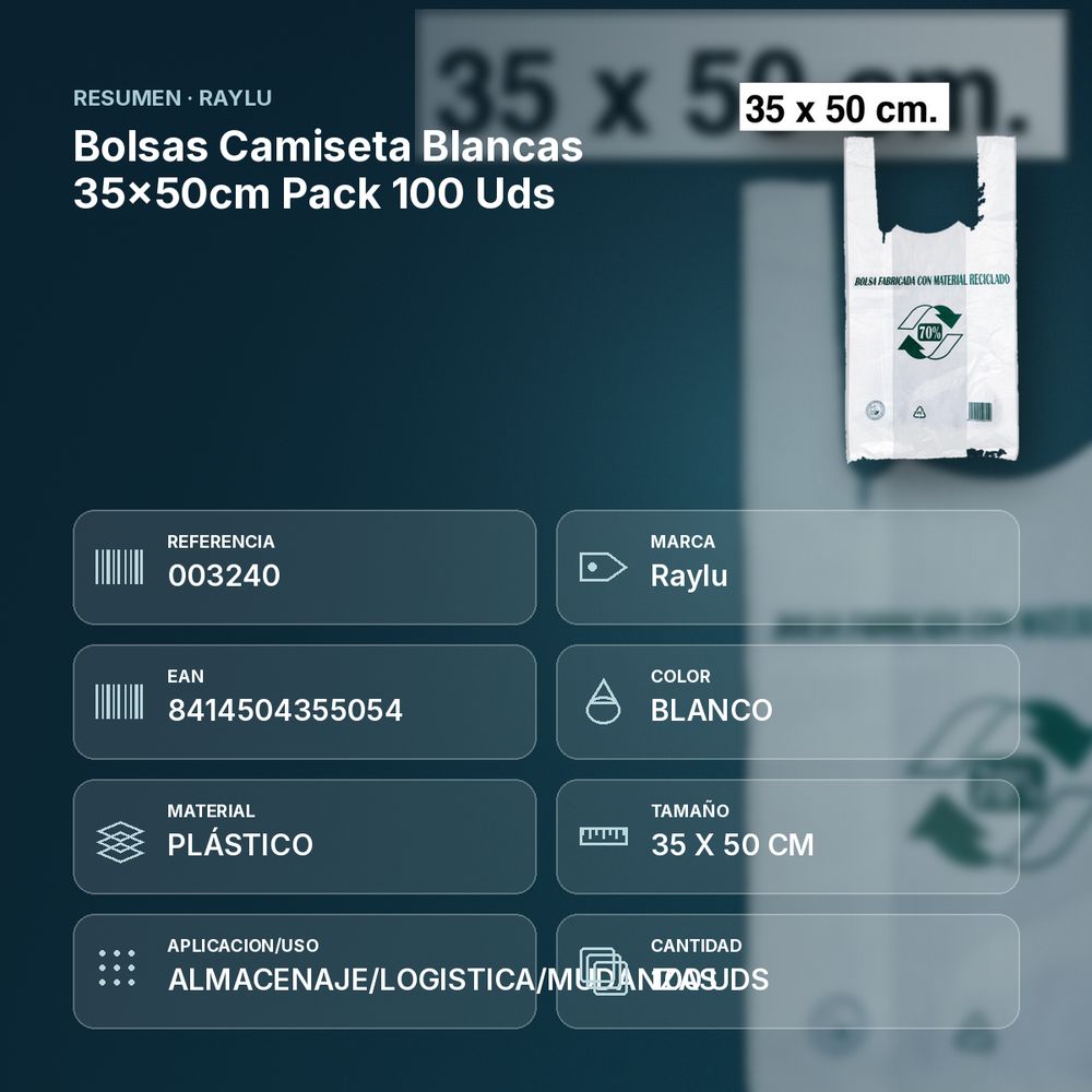 BOLSAS CAMISETA BLANCAS 35×50CM  PACK 100 UDS - resumen de atributos