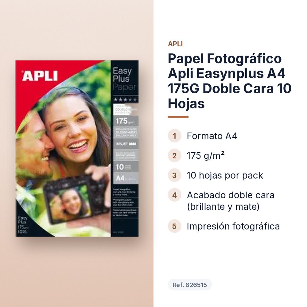 PAPEL FOTOGRÁFICO APLI EASYNPLUS A4 175G DOBLE CARA 10 HOJAS - características principales