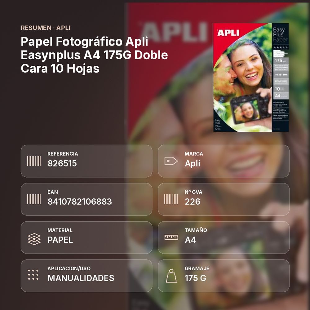 PAPEL FOTOGRÁFICO APLI EASYNPLUS A4 175G DOBLE CARA 10 HOJAS - resumen de atributos