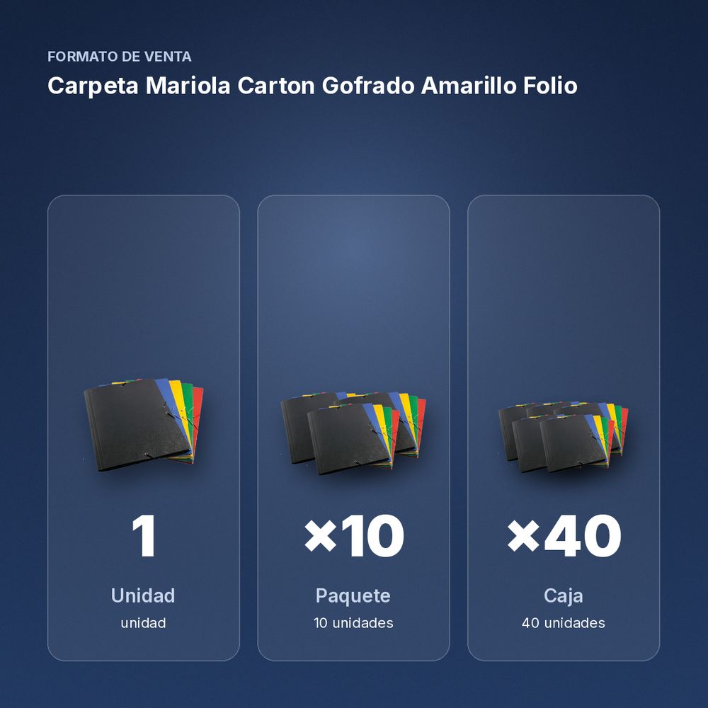 CARPETA MARIOLA CARTON GOFRADO AMARILLO FOLIO  - formato de venta: paquete de 10, caja de 40