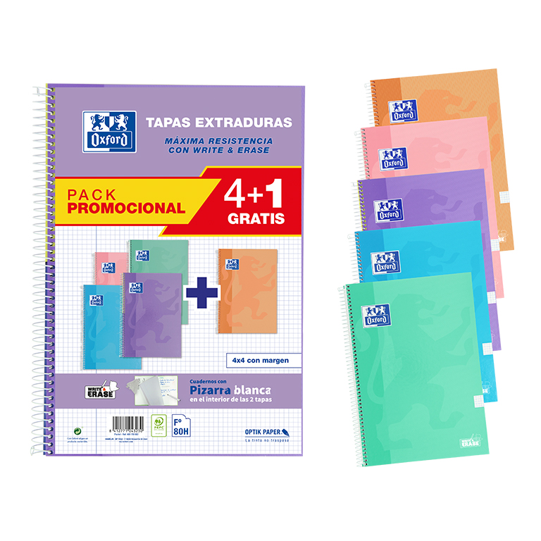 BLOC OXFORD FOLIO ESPIRAL CUADRÍCULA 4MM 80 HOJAS TAPA EXTRADURA PACK 4+1