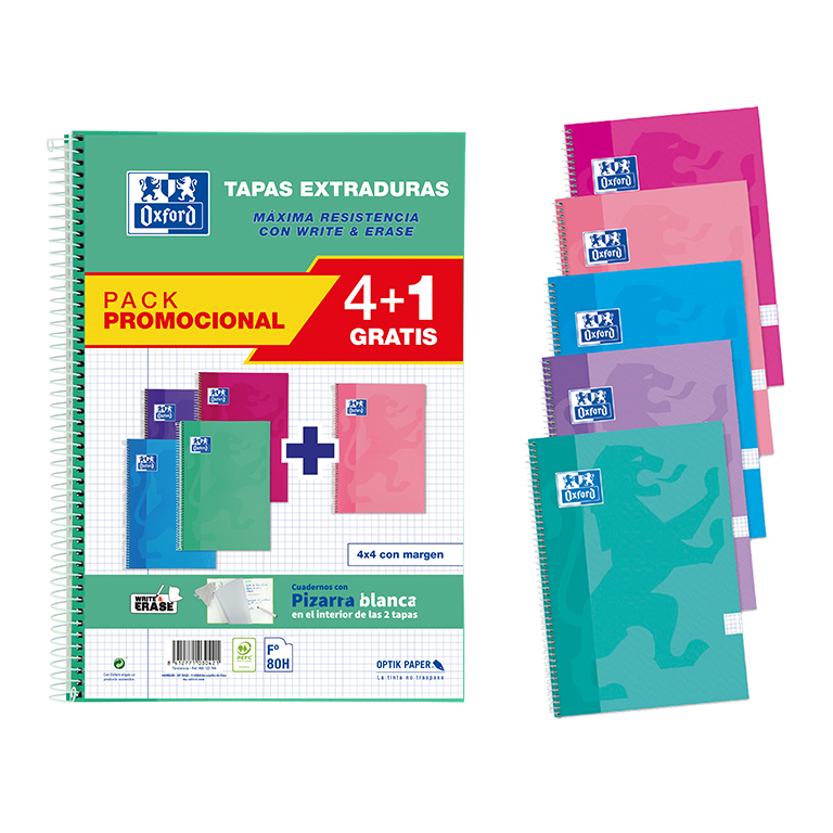 BLOC OXFORD FOLIO ESPIRAL CUADRÍCULA 4 MM 80 HOJAS TAPA EXTRADURA PACK 4+1