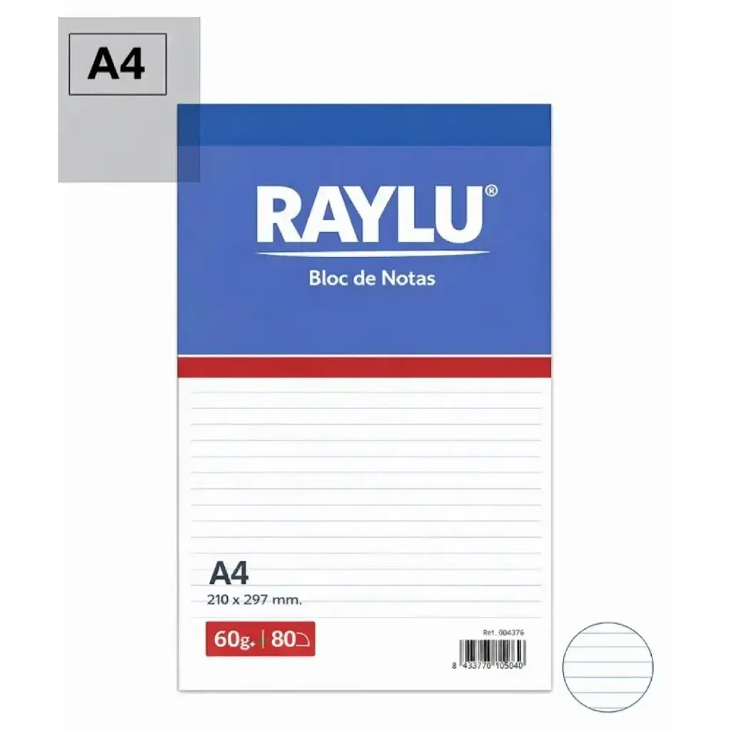 BLOC NOTAS MICROPERFORADO RAYLU A4 60 GRAMOS 80 HOJAS HORIZONTAL 