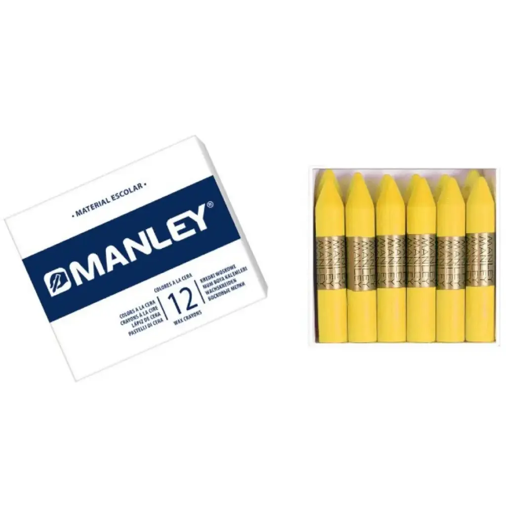 CERAS MANLEY Nº4 AMARILLO— ESTUCHE 12 UNICOLOR · CERA BLANDA · TRAZO SUAVE Y CUBRIENTE · IDEALES PARA ESCUELA Y BELLAS ARTES