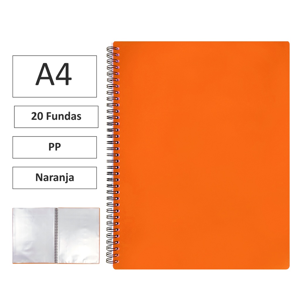 CARPETA ESPIRAL MAXIPLAS A4 20 FUNDAS Y GOMAS – NARANJA