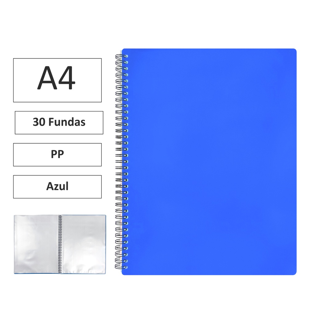 CARPETA ESPIRAL MAXIPLAS A4 30 FUNDAS Y GOMAS – AZUL