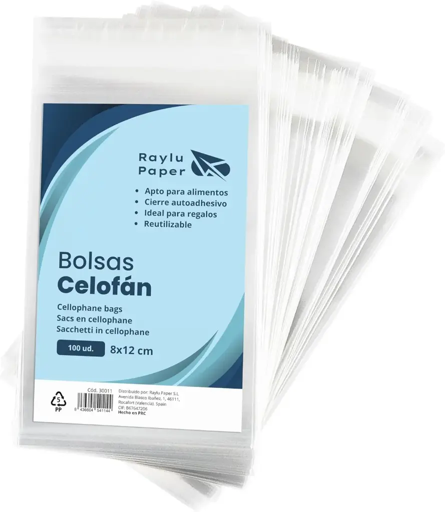 BOLSAS DE CELOFÁN 8X12CM TRANSPARENTE RAYLU PAPER PACK 100 UDS 