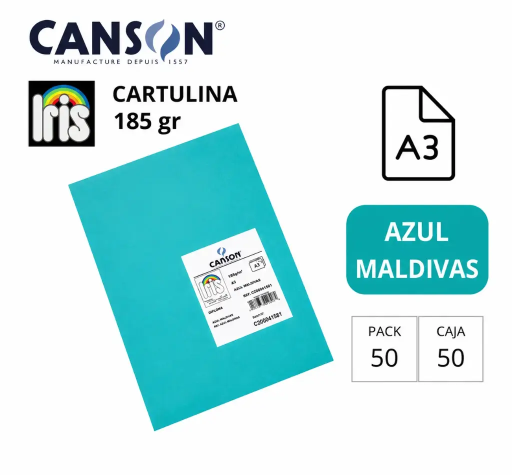 CARTULINA CANSON IRIS A3 AZUL MALDIVAS