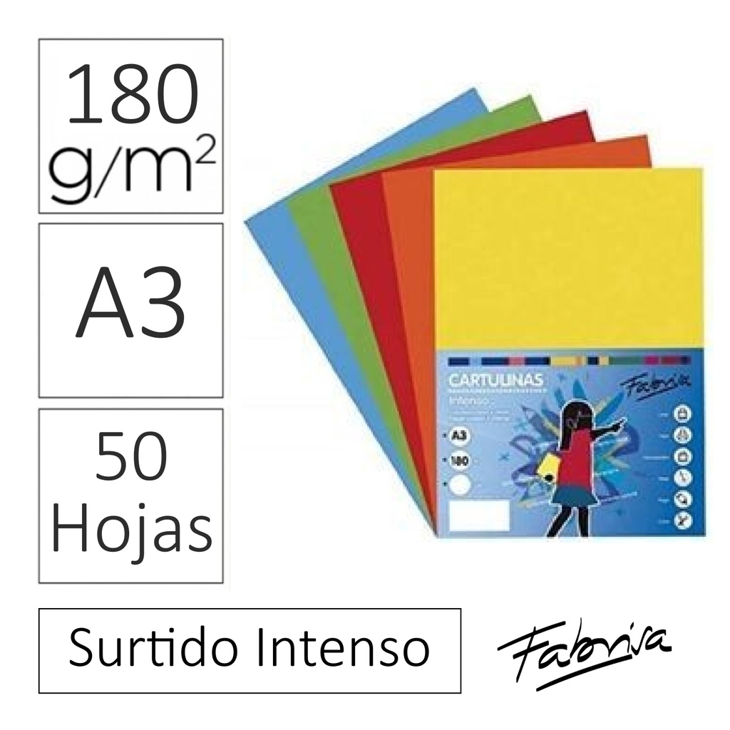 PACK 50 CARTULINAS A3 (180 g/m²) — COLORES FUERTES · LIGERAMENTE SATINADAS · PIGMENTO RESISTENTE A LA LUZ