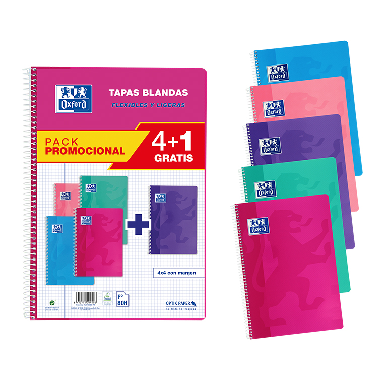 BLOC OXFORD FOLIO ESPIRAL CUADRÍCULA 4MM 80 HOJAS TAPA BÁSICA PACK 4+1