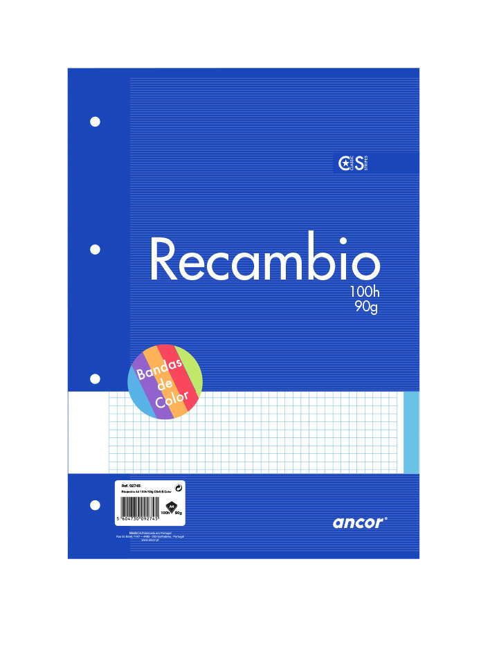 RECAMBIO A4 100 HOJAS 90 GRAMOS CUADRO 4MM 5 COLORES RAYLU