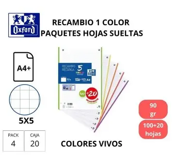 RECAMBIO A4 OXFORD CUADRÍCULA 5x5 120 HOJAS 4 TALADROS COLORES VIVOS