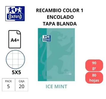 RECAMBIO A4 OXFORD COLOR 1 VERDE MENTA 90G CUADRO 5MM