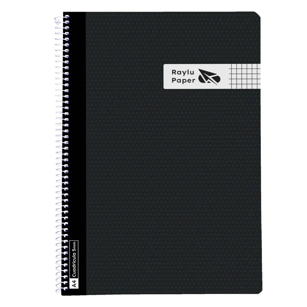 BLOC ESPIRAL A4 TAPA PLASTICO 80 HOJAS 90 GRAMOS CUADRO 4MM NEGRO RAYLU