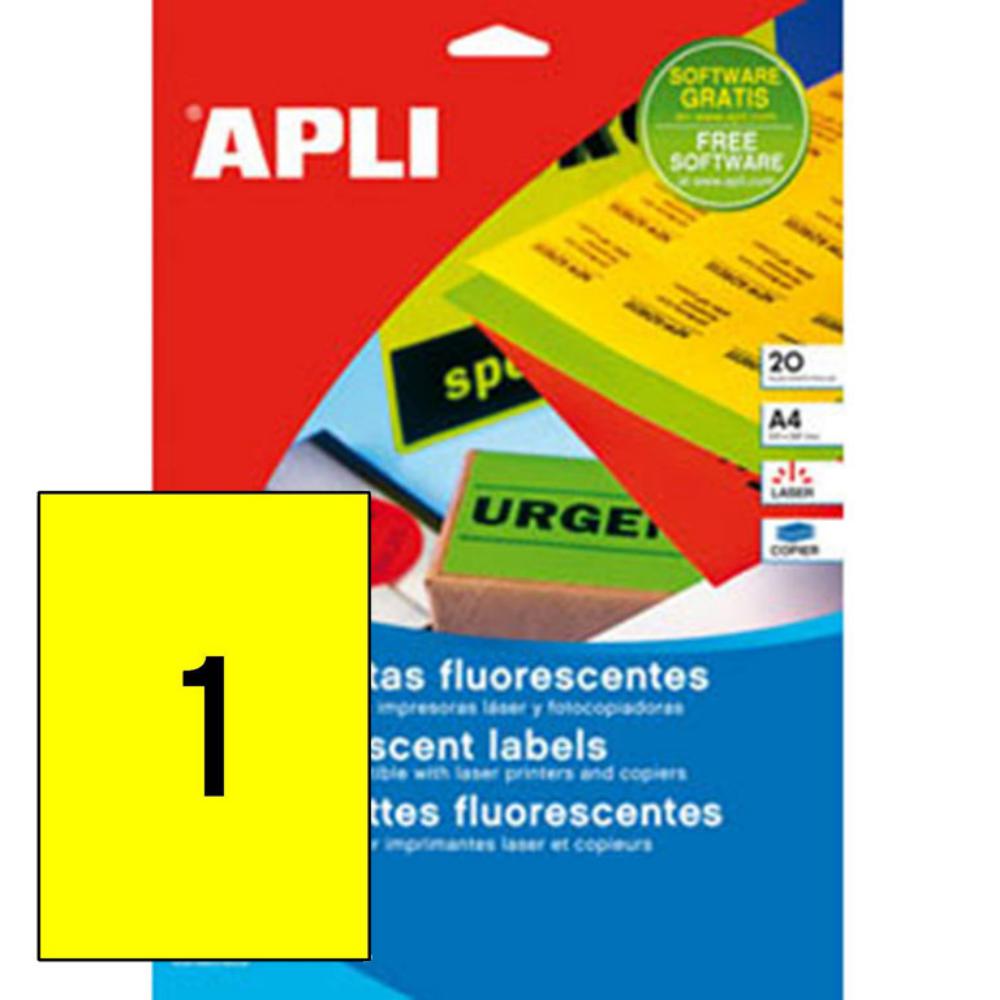 APLI ETIQUETAS AMARILLO FLUORESCENTE PERMANENTES 210X297MM 20 HOJAS