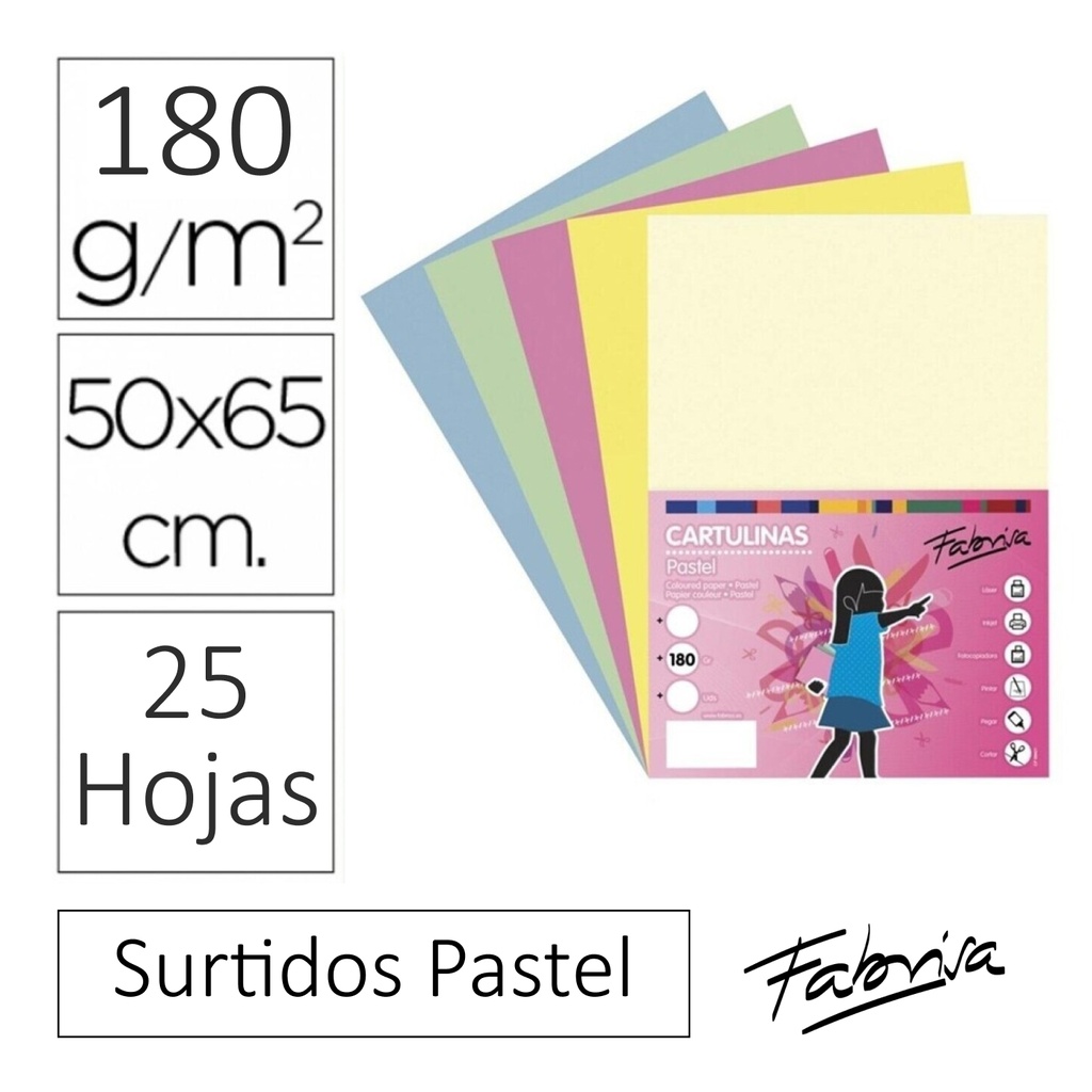 CARTULINAS DE COLORES PASTEL SURTIDOS DE TAMAÑO 50x65 - PACK 25 HOJAS 180 GR 