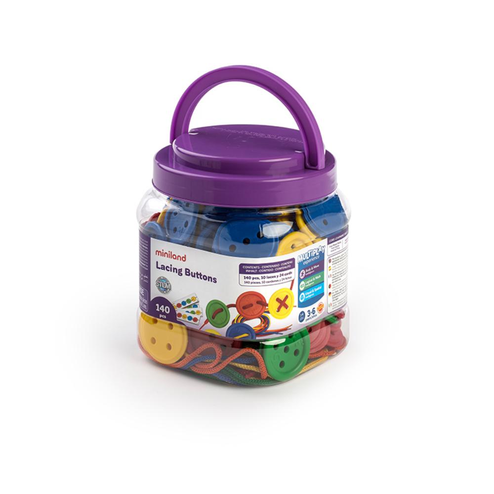 JUEGO EDUCATIVO PIEZAS ENSARTABLES BOTE 140 PIEZAS + 10 CORDONES MINILAND