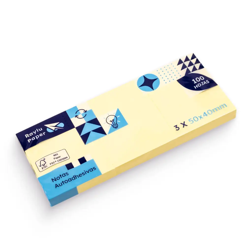 BLOC NOTAS ADHESIVAS 38×51 MM AMARILLAS 3X100 HOJAS RAYLU