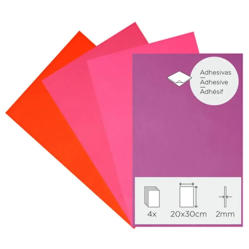 LÁMINAS GOMA EVA CALIDOS ADHESIVAS 20×30CM 2MM PACK DE 4
