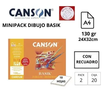 MINI PACK 10 LÁMINAS DE DIBUJO A4 CON RECUADRO 130g BASIK CANSON