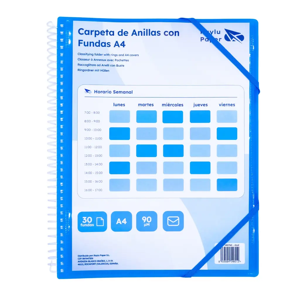 CARPETA PP RAYLU PAPER ESPIRAL 30 FUNDAS A4 AZUL PORTADA PERSONALIZABLE