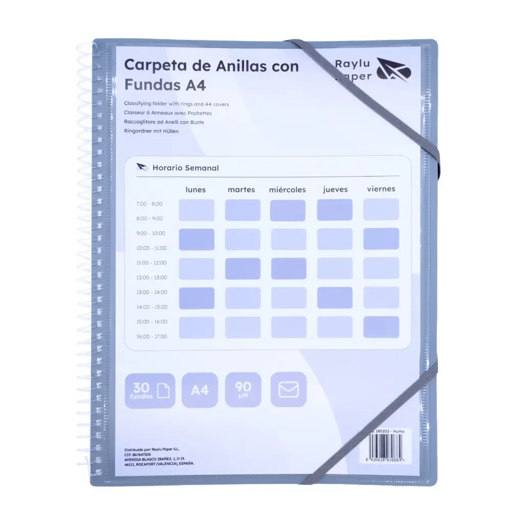 CARPETA PP RAYLU PAPER ESPIRAL 30 FUNDAS A4 HUMO PORTADA PERSONALIZABLE