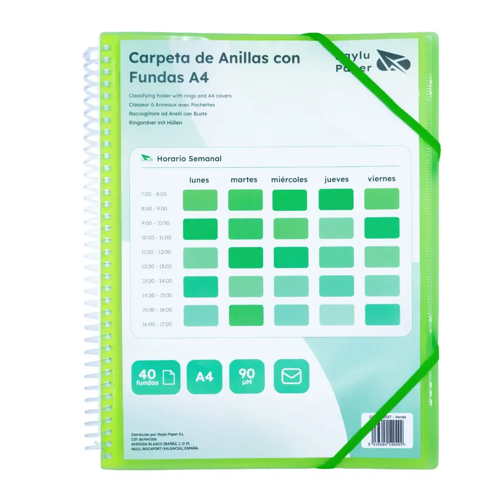 CARPETA PP RAYLU PAPER ESPIRAL 40 FUNDAS A4 VERDE PORTADA PERSONALIZABLE