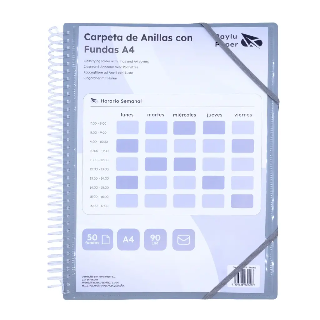 CARPETA PP RAYLU PAPER ESPIRAL 50 FUNDAS A4 HUMO PORTADA PERSONALIZABLE