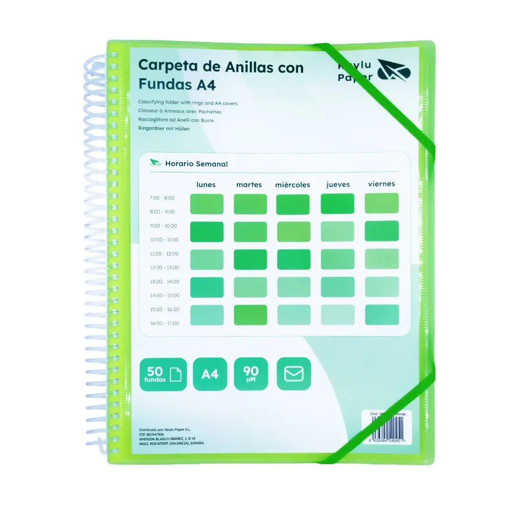 CARPETA PP RAYLU PAPER ESPIRAL 50 FUNDAS A4 VERDE PORTADA PERSONALIZABLE