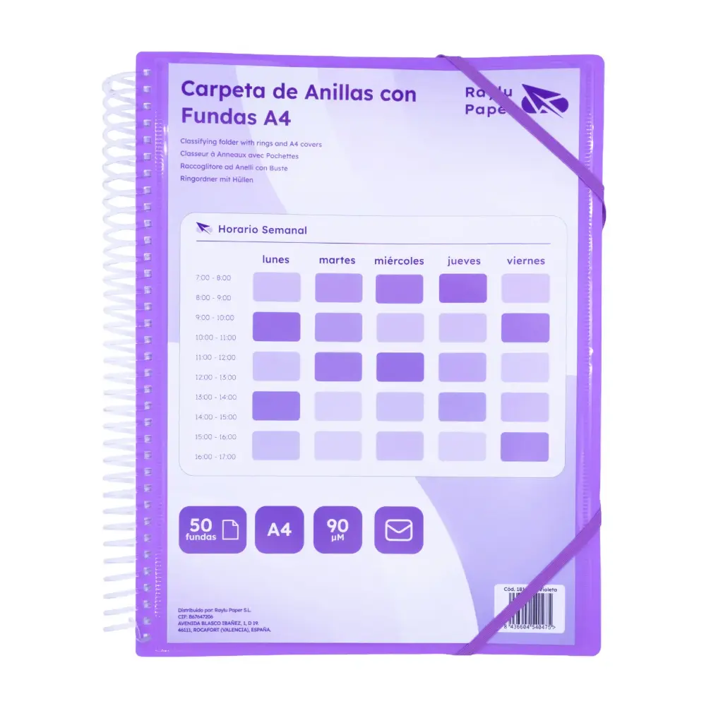 CARPETA PP RAYLU PAPER ESPIRAL 50 FUNDAS A4 VIOLETA PORTADA PERSONALIZABLE