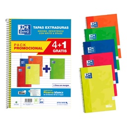 Bloc Oxford Folio Espiral Horizontal 80 Hojas Tapa Extradura Pack 4+1