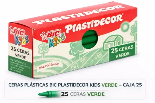 [649828] CERAS PLÁSTICAS BIC PLASTIDECOR KIDS VERDE CAJA 25