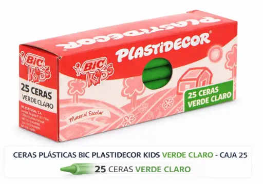 [649820] CERAS PLÁSTICAS BIC PLASTIDECOR KIDS VERDE CLARO CAJA 25