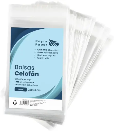 [30016] BOLSAS DE CELOFÁN TRANSPARENTE RAYLU PAPER 25 × 33 CM PACK 100 UDS 