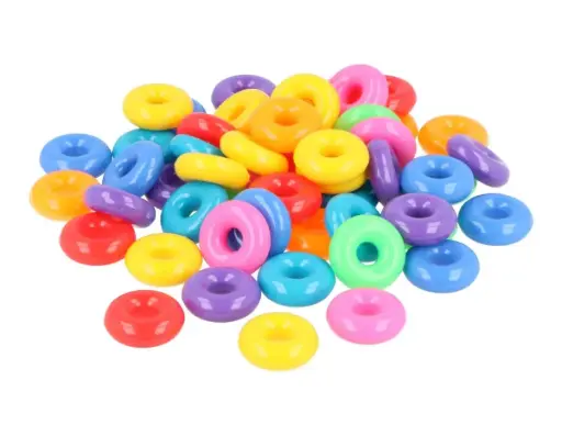 [826546] CUENTAS DE PALSTICO DONUTS MULTICOLOR 14MM.250UD APROX.DIAM-INT.3.5MM