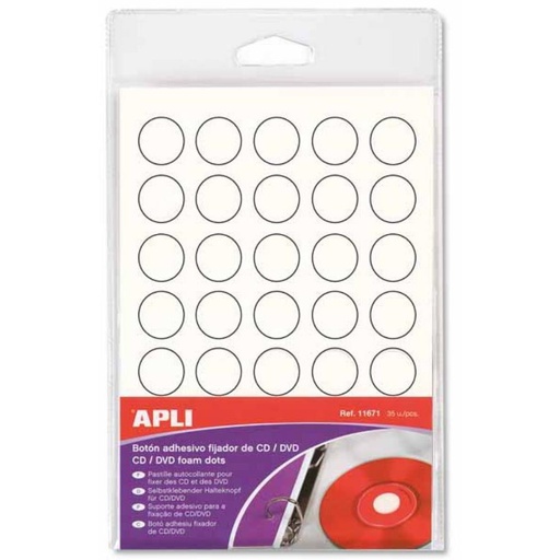 [900801] BOTONES ADHESIVOS FIJADOR CD/DVD APLI 11671 (BLANCO, Ø 15 MM, 35 UDS)