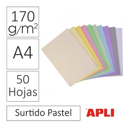 Cartulina A4 170grms 50hjs Surtido Pastel Apli
