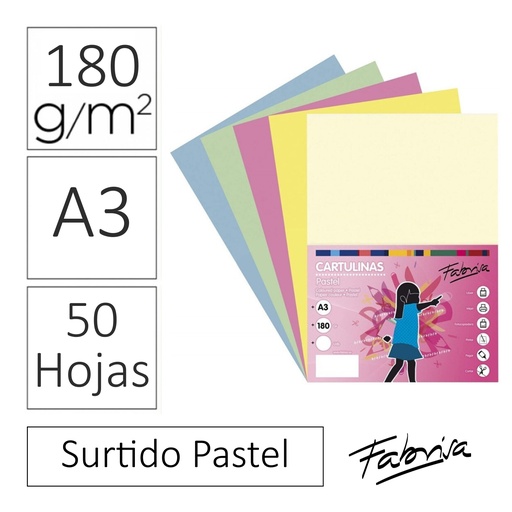 [825347] PACK 50 CARTULINAS A3 (180 g/m²) — COLORES PASTEL · LIGERAMENTE SATINADAS · PIGMENTO RESISTENTE A LA LUZ