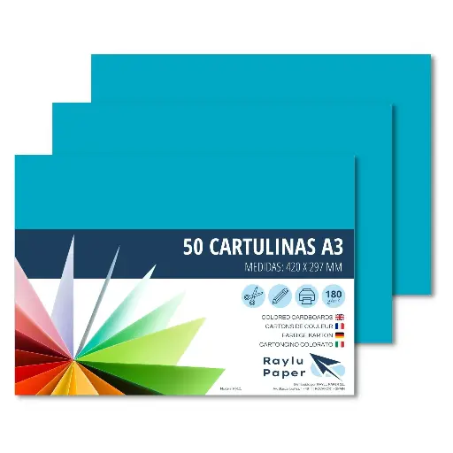 [630743] CARTULINAS A3 AZUL TURQUESA RAYLU 180G 50 HOJAS