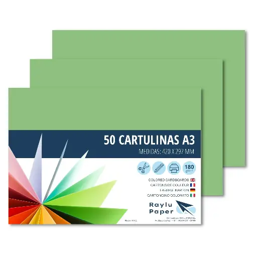 [630741] CARTULINAS A3 VERDE MANZANA RAYLU 180G 50 HOJAS