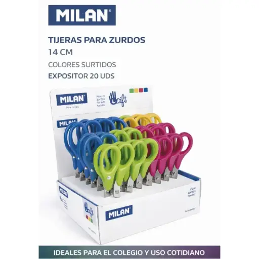 [825374] TIJERAS PARA ZURDOS 14CM COLORES SURTIDOS EXPOSITOR 20 UDS