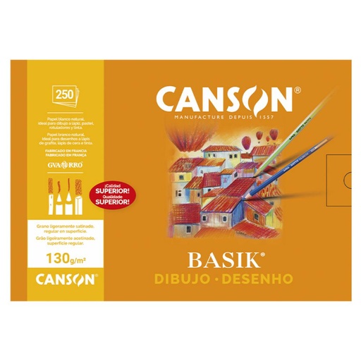 [600057] CANSON – PACK 250 LÁMINAS DIBUJO BASIK CON RECUADRO Y CAJETÍN (A4+ 21x29,7 CM – 130 G)