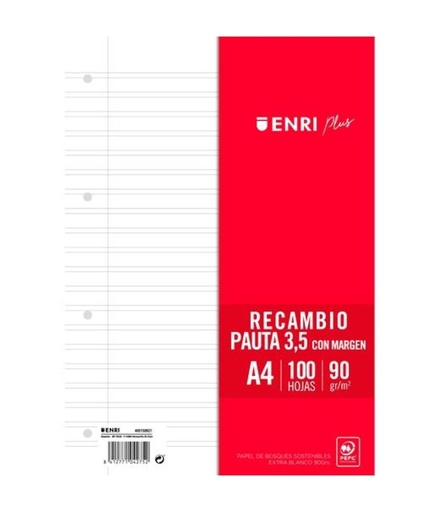 [825272] RECAMBIO A4 100 HOJAS 90 GRAMOS PAUTA 3,5MM