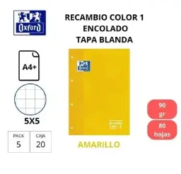 Recambio A4 Oxford Color 1 Amarillo 90g Cuadro 5mm