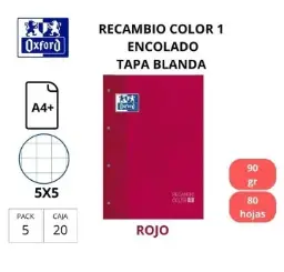 Recambio A4 Oxford Color 1 Rojo 90g Cuadro 5mm